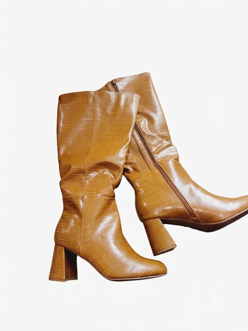 Lane Bryant Croc-Embossed Tan Mid-Calf Heeled Boots